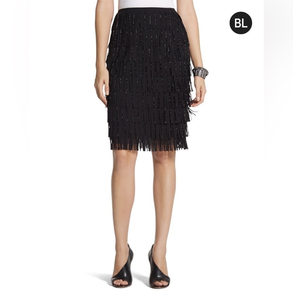 NWT Chicos BLACK LABEL Women’s Black Beaded Fringe Skirt 3 16/18 XL